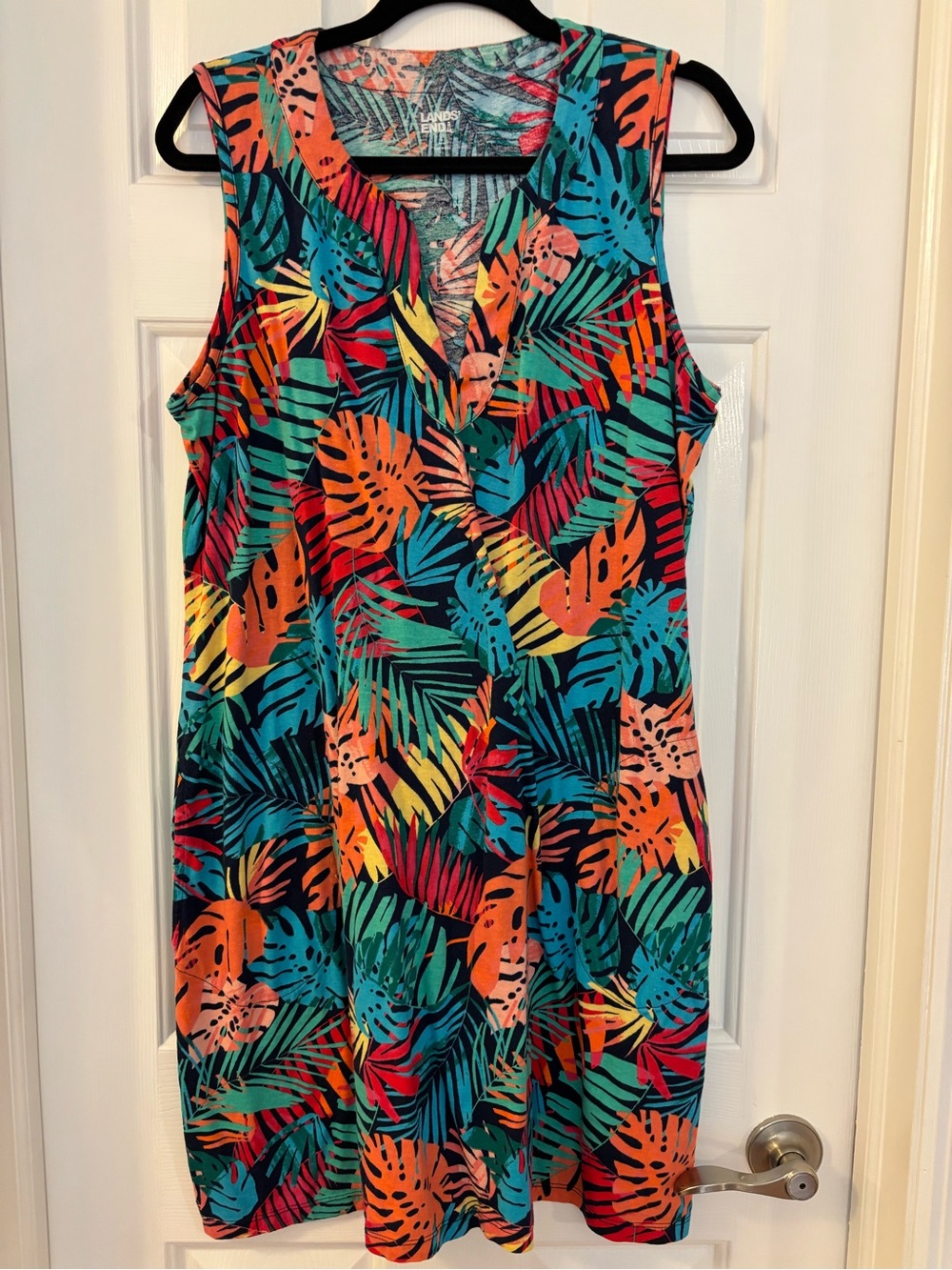 Lands' End Tropical Leaf V-Neck Sleeveless Dress in Teal, Orange & Red